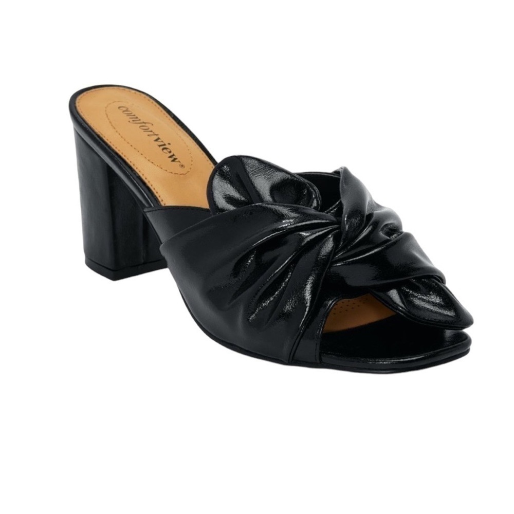 Comfortview Bekah Black Faux Leather Tie Front Chunky Heel Slip On Mules Size 8